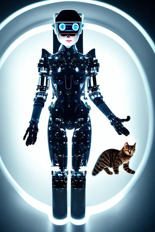 Image similar to cybernetic high tech girl with cat on her head, sci - fi, cyberpunk, futurism, exoskeleton, robot, strong artificial intelligence, symmetry, cinematic, elegant, luxury, professional studio light, perfect composition, dlsr photography, sharp focus, 8 k, ultra hd, sense of awe, highly detailed, hyper realistic, intricate, science journal cover