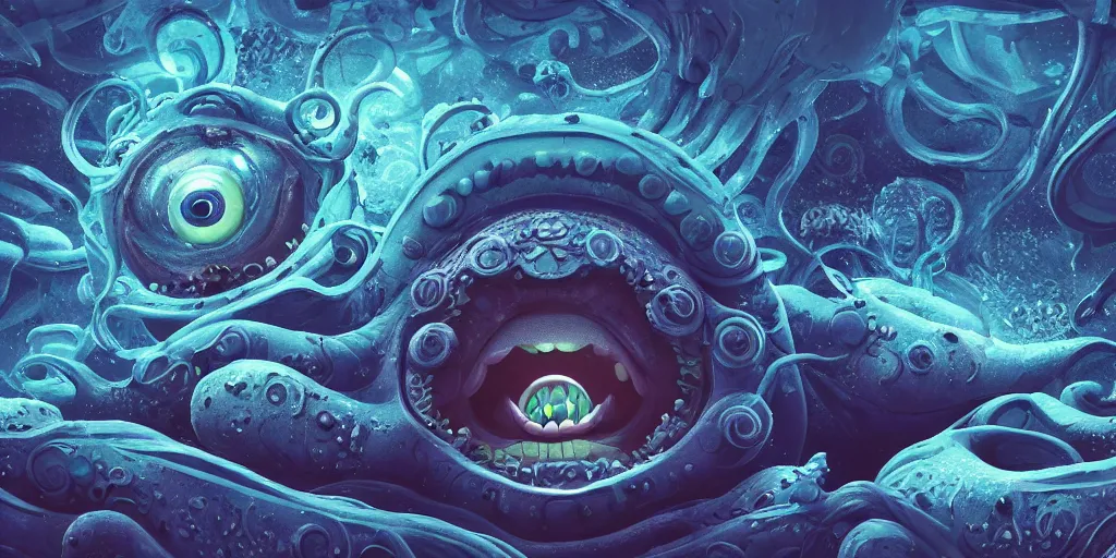 Image similar to of an intricate deep sea with strange cute friendly happy creatures with huge eyes, long tongue, round teeth and goofy funny face, appearing from the background, in the style of gehry and gaudi, macro lens, shallow depth of field, ultra detailed, digital painting, trending artstation, concept art, illustration, cinematic lighting, photorealism, epic, octane render