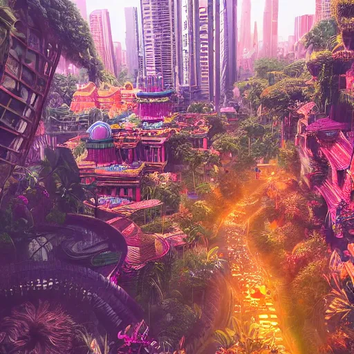 Image similar to colorful jungle city, digital art, cosmic, 3 d high definition, trending on art station, photorealistic, high resolution, v 8 k, octane, hyper detailed, insane details, intricate, elite, ornate, elegant trend, highly detailed and intricate, sharp focus, photography, unreal engine