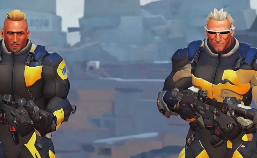 Prompt: the rock as soldier 7 6 in overwatch, in game screenshot