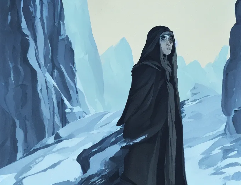 Prompt: priestess of everyday stress in the icy mountains. gouache painting by indie concept artist, chiaroscuro, bokeh, backlighting, field of depth