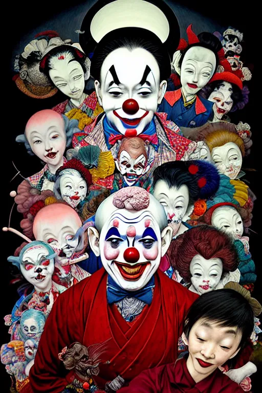 Image similar to my teacher as clown - composition : dynamic lighting, depth details, intricate, asymmetric, proportion, highly quality, balance, unity, extremely highly detailed. art by : bambang nurdianshyah, garis edelweiss, roby dwi antono and ayami kojima, takato yamamoto, barclay shaw, karol bak, yukito kishiro, norman rockwell