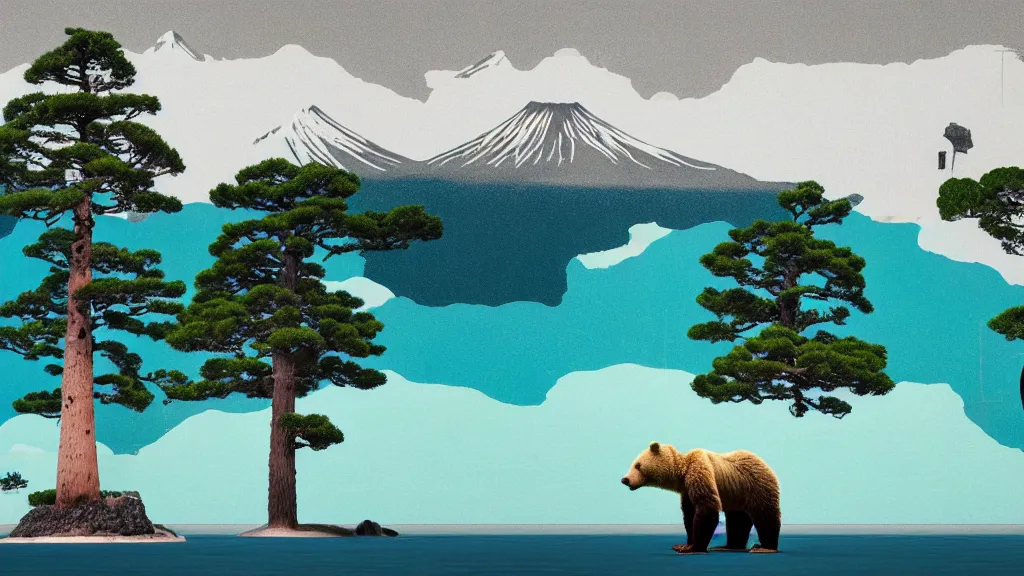 Image similar to seaside landscape with sequoia trees and a bear, japan, a collage painting, in the style of wes anderson, lola dupre, david hockney, isolated on negative white space background dark monochrome neon spraypaint accents volumetric octane render