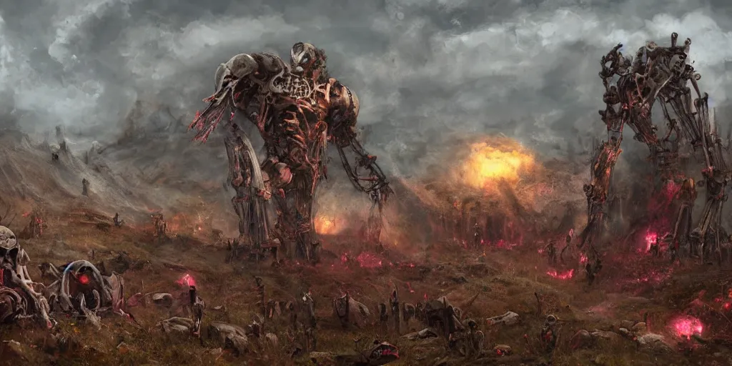 Prompt: 88grzes a hole in ruined broken steel titan colossus laying on his knees field road to star gateway wheel, skulls and skeletons scattered on the ground, pink volcano afar, fine art, artstation, matte painting, masterpiece by vasnetsov