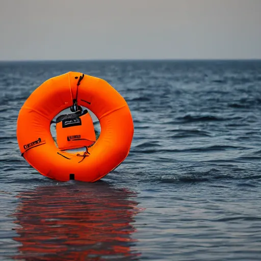 Image similar to an orange life raft drifts in a calm ocean, dramatic contrasting light, 135mm