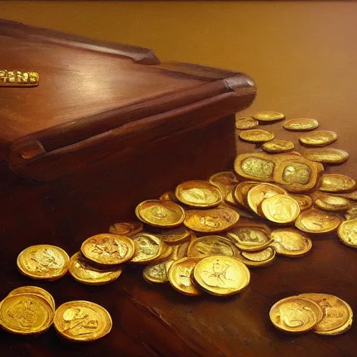 Prompt: an old wooden table covered in gold coins and treasure, detailed oil painting, trending on Artstation