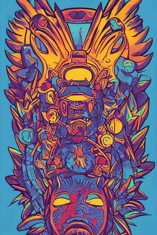 Image similar to totem animal mask tribal feather gemstone plant wood rock shaman vodoo video game vector cutout illustration vivid color borderlands comics by josan gonzales and dan mumford radiating a glowing aura