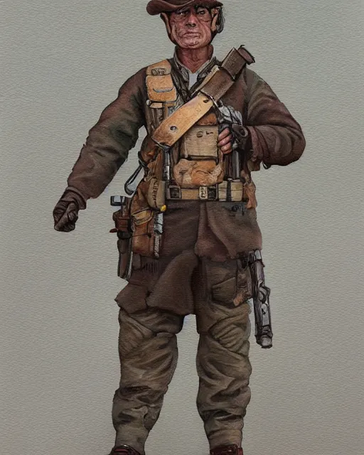 Image similar to a oil / watercolor painting full body character portrait of a accounting rifleman in the style of moebius in the style of leonard boyarsky trending on artstation deviantart pinterest detailed realistic hd 8 k high resolution