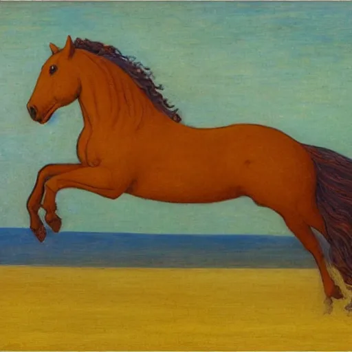 Prompt: A beautiful sculpture of a horse. The horse is shown running through a field with a flowing mane and tail. The background is a peaceful blue sky. Bondi blue by Paul Ranson, by Thomas Benjamin Kennington emotive, quiet