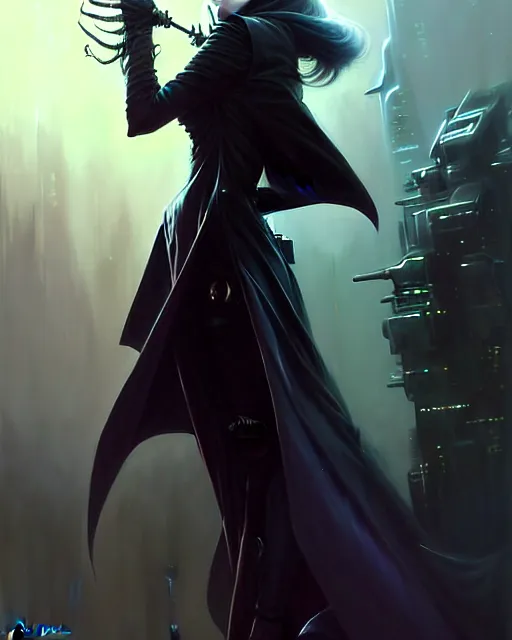Image similar to beautiful fantasy character portrait, lilly collins, wearing oversized black trench coat, ultra realistic, wide angle, dramatic lighting, vultures, very seductive pose, cyberpunk artifacts, highly detailed by peter mohrbacher, hajime sorayama, wayne barlowe, boris vallejo, aaron horkey, gaston bussiere, craig mullins