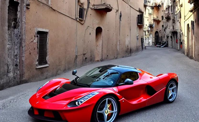 Prompt: a red laferrari in italy streets, photo grammy