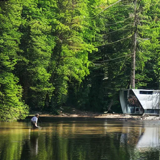 Image similar to a man fishing into a river with trees and a sci - fi containment building in the background, a sense of hope and optimism, monumental, harsh sunlight