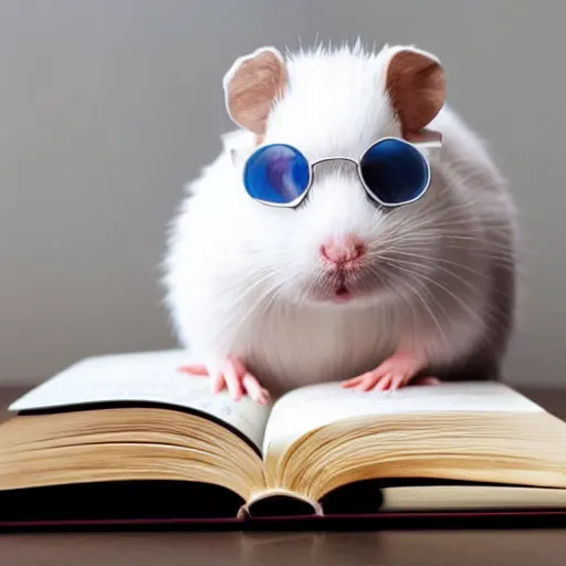 Prompt: white hamster with glasses, studying a giant book