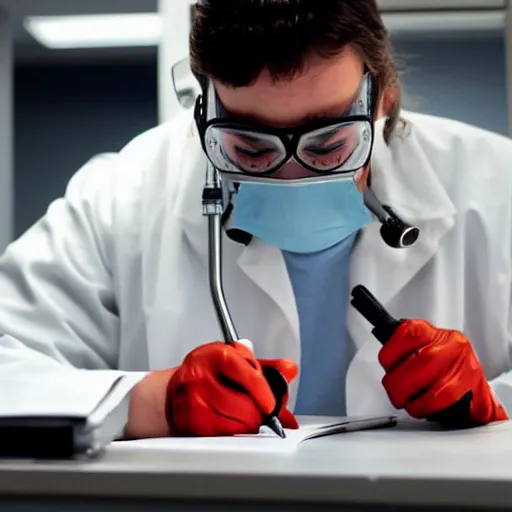 Image similar to mothman, wearing a labcoat, in a lab, writing on a clipboard