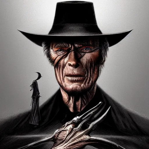 Image similar to clint eastwood as grim reaper, fantasy, intricate, elegant, highly detailed, digital painting, artstation, concept art, smooth, sharp focus, illustration, art by giger