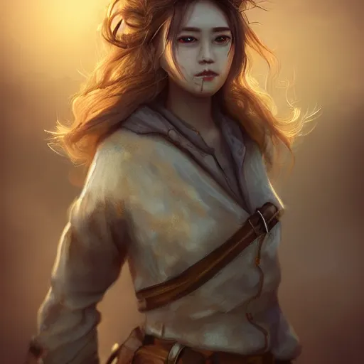 Image similar to beautiful young wind spirit, leather top, full round face, short smile, golden hour, full body, post apocalyptic setting, medium shot, mid-shot, highly detailed, trending on Artstation