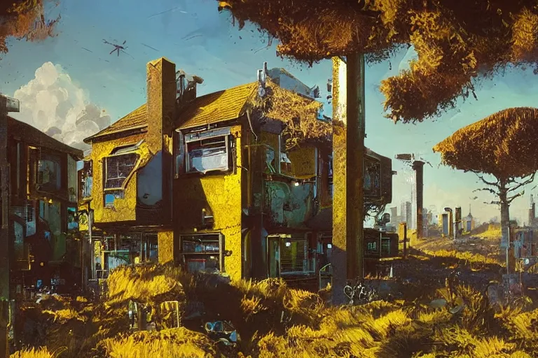 Image similar to cyberpunk, an estate agent listing external photo of a 5 bedroom detached house made of gold in the countryside, sunny day, clear skies, by Paul Lehr