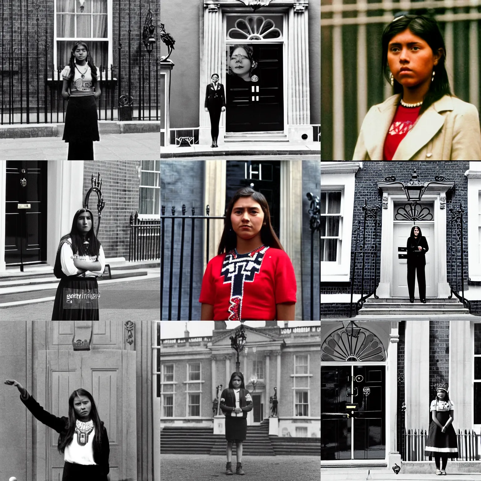 Prompt: A teenage Aztec woman as Prime Minister, standing outside 10 Downing street, film still, cinematic