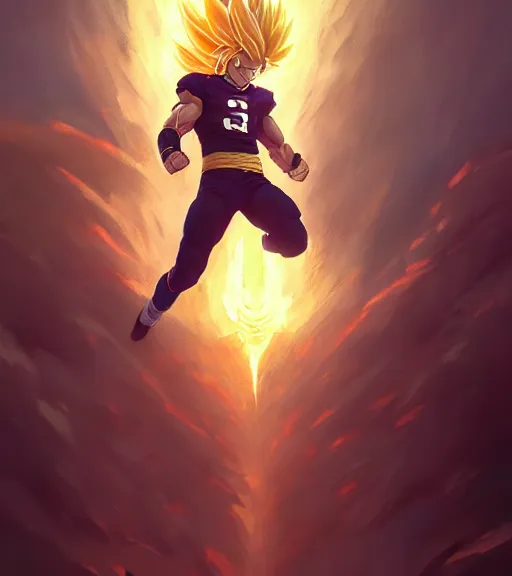 Image similar to highly detailed portrait of super saiyan cooper kupp football, unreal engine, fantasy art by greg rutkowski, loish, rhads, ferdinand knab, makoto shinkai and lois van baarle, ilya kuvshinov, rossdraws, tom bagshaw, global illumination, radiant light, detailed and intricate environment