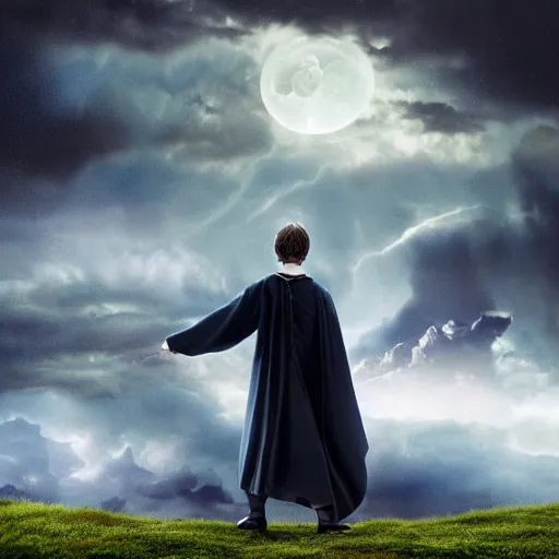 Prompt: Harry potter upright and levitating, back view, thunderclouds, cinematic shot, epic scale, waving robe, wand, photorealistic detail and quality, extremely intricate stone quality, movie still, nighttime, crescent moon, sharp and clear, action shot, intense scene, visually coherent, symmetry, rule of thirds, movement, vivid colors, cool colors transitioning to warm colors, award winning, directed by Steven Spielberg, Christopher Nolan, Tooth Wu, Asher Duran, Greg Rutkowski