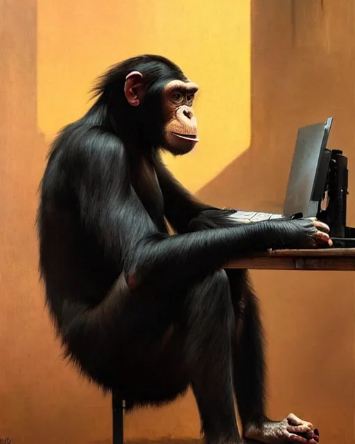 Image similar to cyberpunk augumented chimpanzee at the computer. art by greg rutkowski, gustave courbet, rosa bonheur, edward hopper. faithfully depicted facial expression, perfect anatomy, sharp focus, global illumination, radiant light, detailed and intricate environment, trending on artstation