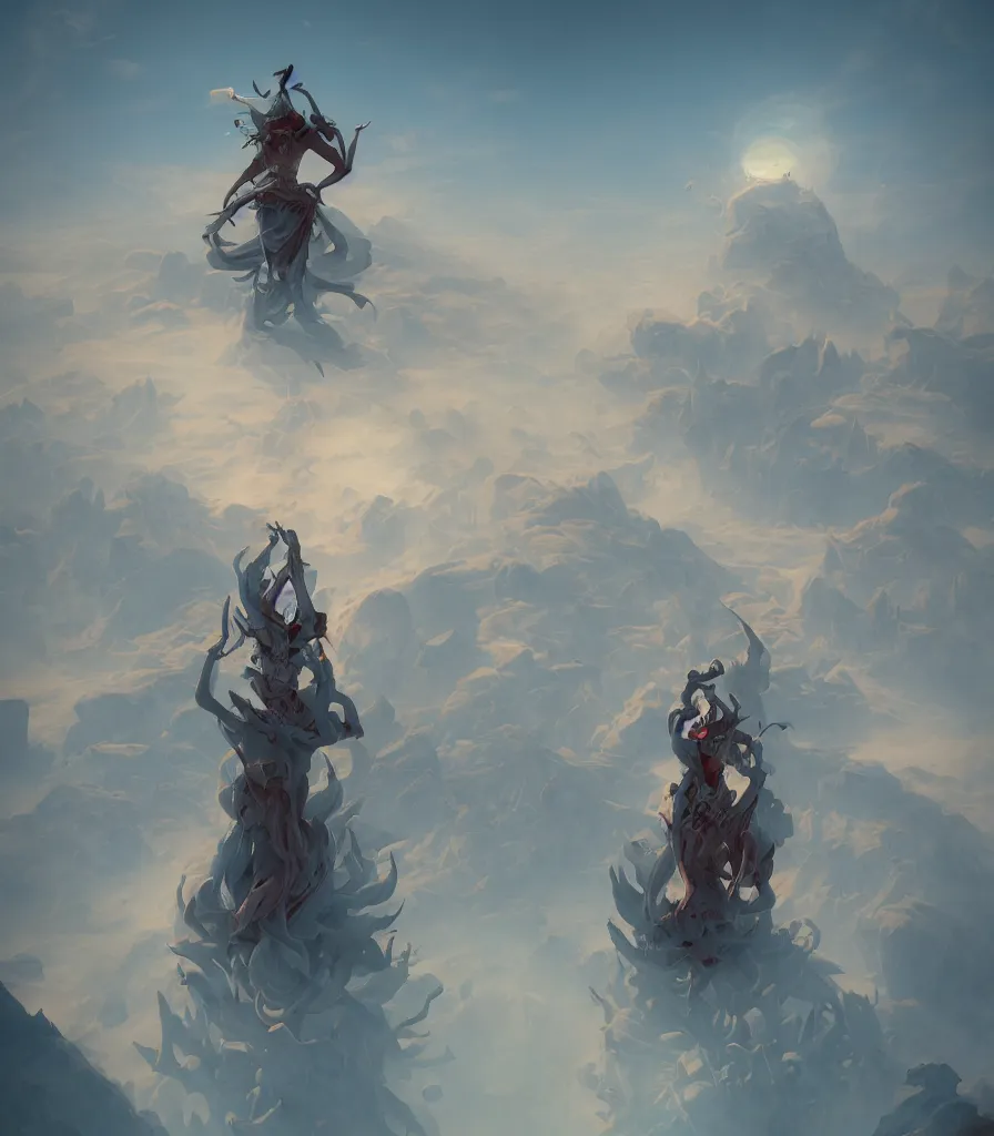 Image similar to a powerful necromancer in a merciless desert, flickering air, hot sun from above, clouds in the sky, the feeling of dread and existential terror, style of peter mohrbacher, octane render, unreal engine, 8k high definition