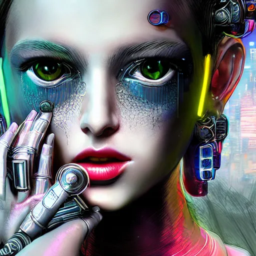 Prompt: the portrait of an absurdly beautiful, graceful, elegant, sophisticated, fashionable cyberpunk gravure idol, an ultrafine hyperdetailed illustration by irakli nadar, intricate linework, bright colors, porcelain skin, unreal engine 5 highly rendered, global illumination, radiant light, detailed and intricate environment