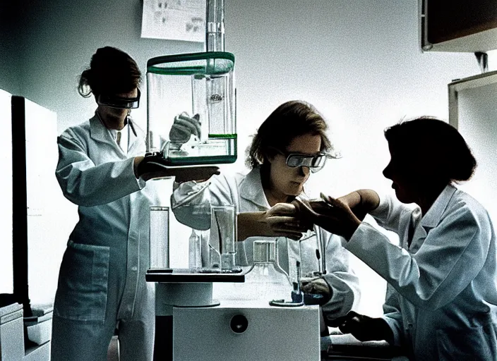 Image similar to realistic photo two female scientists doing an experiment with a cloud 1 9 9 0, life magazine reportage photo