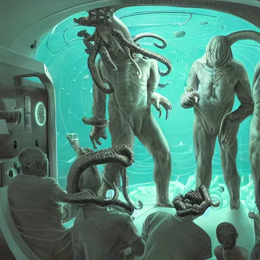 Prompt: scientists watching a clone of cthulhu in culture capsule, bio chemical illustration, hyperealistic, detailed photography, divinity, awful, religious art, sci - fi, green light