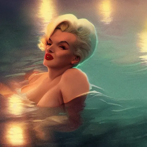 Image similar to Marilyn Monroe, underwater in the ocean at night, dark water, volumetric lighting, glowing lights, 4k, octane, digital painting, artstation, concept art, sharp focus, illustration, cinematic film still, art by artgerm and greg rutkowski and alphonse mucha , wide angle view,