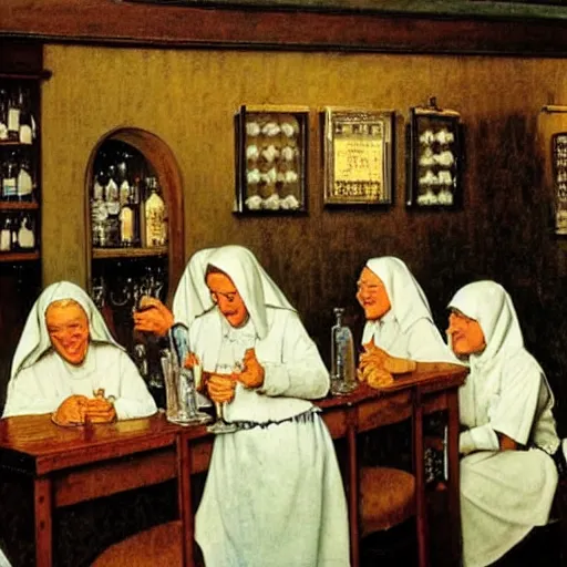 Image similar to a group of nuns enjoying themselves at an adult bar, low light, whiskey bottles, by Norman Rockwell