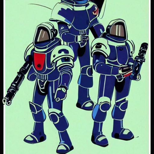 Image similar to space marines, studio ghibli, pulp science fiction illustration