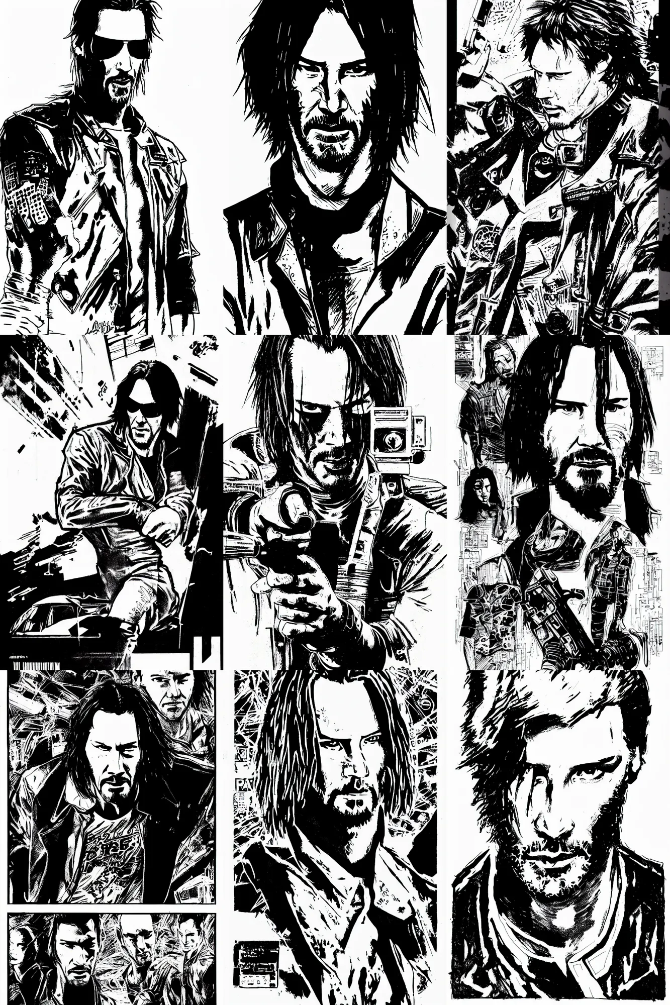 Image similar to keanu reeves, a page from cyberpunk 2 0 2 0, style of paolo parente, style of mike jackson, adam smasher, johnny silverhand, 1 9 9 0 s comic book style, white background, ink drawing, black and white, mid - shot