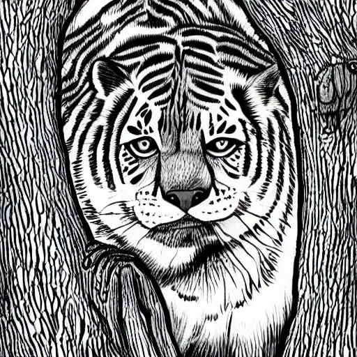 Prompt: big cats hide in the trees cartoon