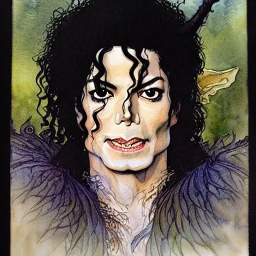 Image similar to a realistic and atmospheric watercolour fantasy character concept art portrait of michael jackson as a druidic warrior wizard looking at the camera with an intelligent gaze by rebecca guay, michael kaluta, charles vess and jean moebius giraud