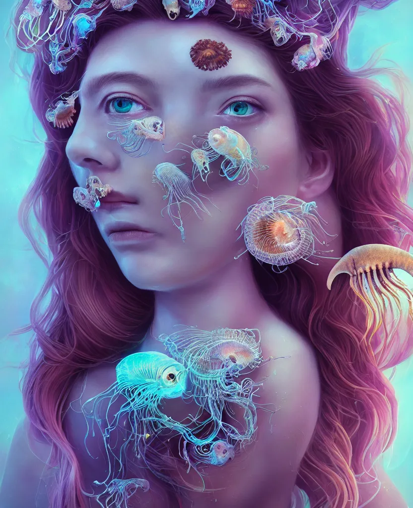 Image similar to goddess close-up portrait of princess face and ram skull. eyes. jellyfish phoenix head, nautilus, orchid, skull, betta fish, bioluminiscent creatures, intricate artwork by Tooth Wu and wlop and beeple. octane render, trending on artstation, greg rutkowski very coherent symmetrical artwork. cinematic, hyper realism, high detail, octane render, 8k