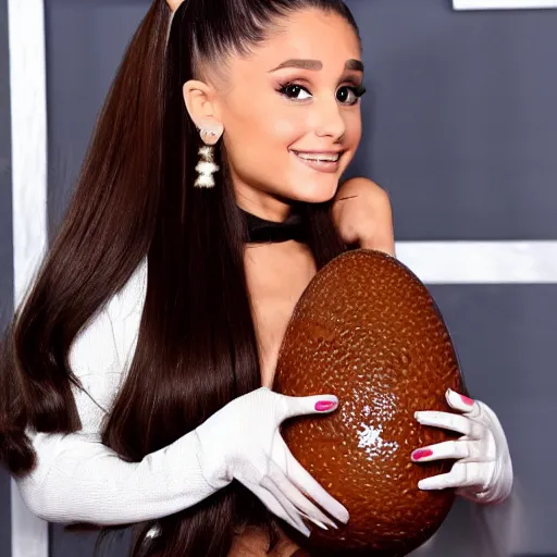 Image similar to ariana grande carrying a gigantic chicken egg in her hands award winning photo