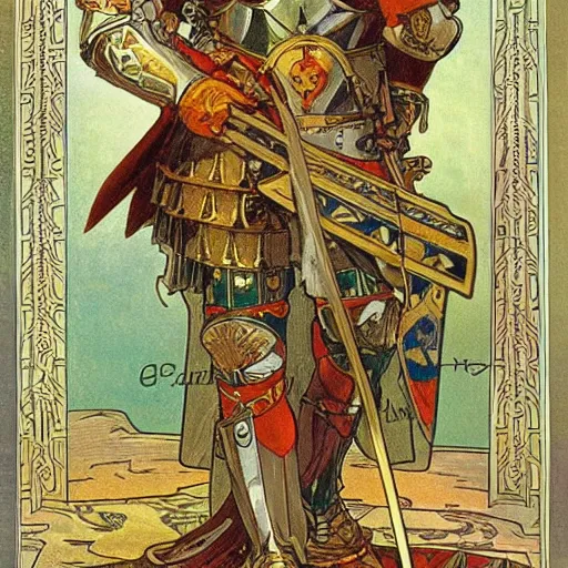 Image similar to germania in full plate armour, sword, shield, painted by alphonse mucha