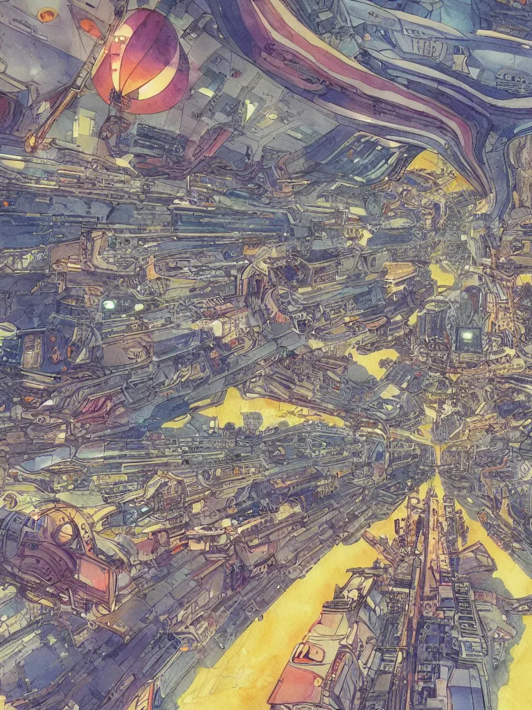 Prompt: interior of a busy spaceport, intricate colorful watercolor and ink artwork by moebius. trending on artstation, very coherent symmetrical artwork. cinematic, hyper realism, high detail