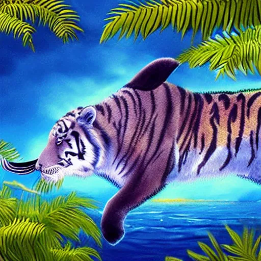 Image similar to a fuzzy dolphin with tiger stripes, matte fantasy painting,