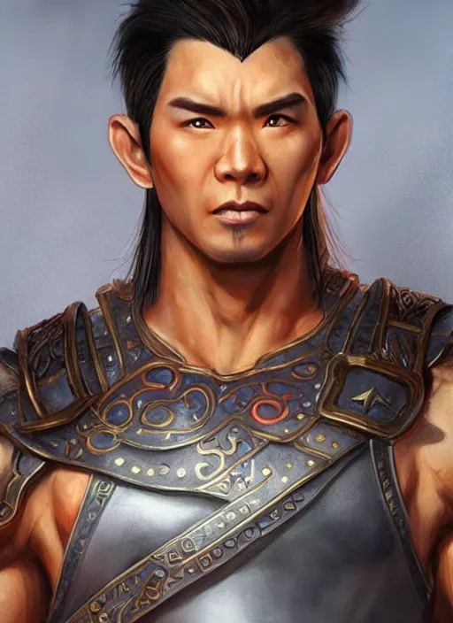 Image similar to muscly asian man middle parted hair, dndbeyond, bright, colourful, realistic, dnd character portrait, full body, pathfinder, pinterest, art by ralph horsley, dnd, rpg, lotr game design fanart by concept art, behance hd, artstation, deviantart, hdr render in unreal engine 5