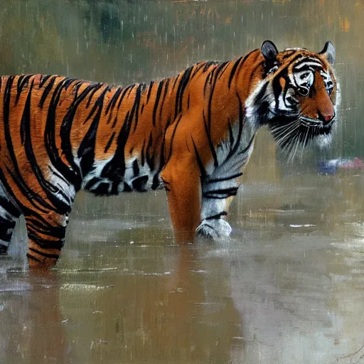 Prompt: tigers in the rain, painting by jeremy mann