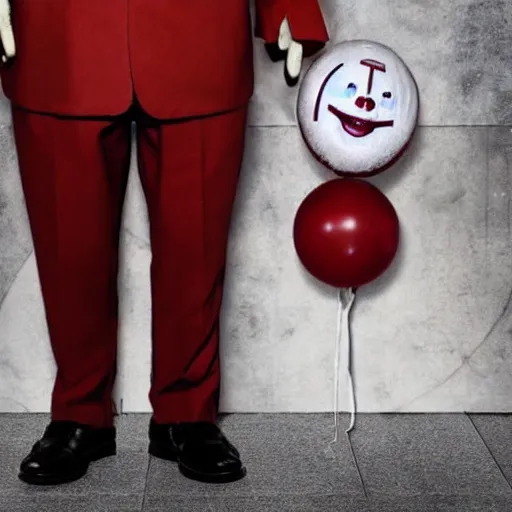 Image similar to Pennywise the clown wearing a business suit and holding a banknote in his hands, full body shot