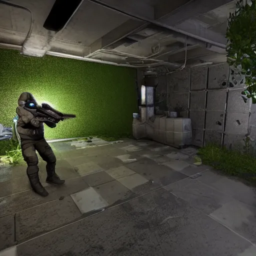 Prompt: screenshot of a first person shooter game on unreal engine 5, in an underground garden, shootout, photorealistic, player fighting against hazmat soldiers