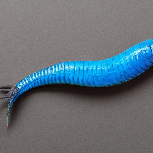 Image similar to studio photograph of a matte dark gray worm with a neon blue head and tail