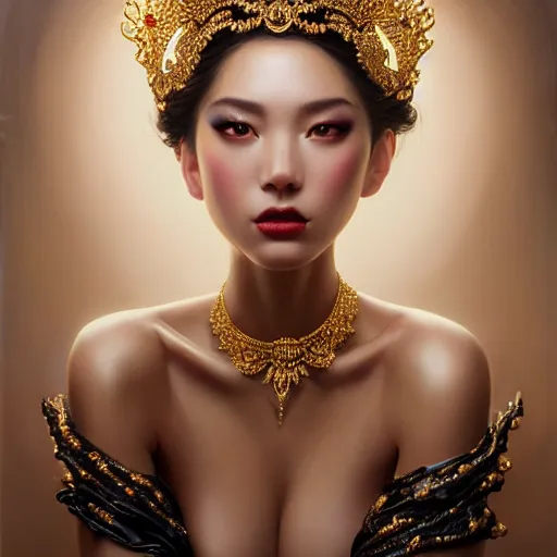 Prompt: expressive oil painting, of alluring european princess, glowing seductive look, smooth glowing skin, glistening body, love, adoration, blushing, ornate headpiece made of black beads, glamour shot, slim, by yoshitaka amano, by greg rutkowski, by jeremyg lipkinng, by artgerm, digital art, octane render, white dress