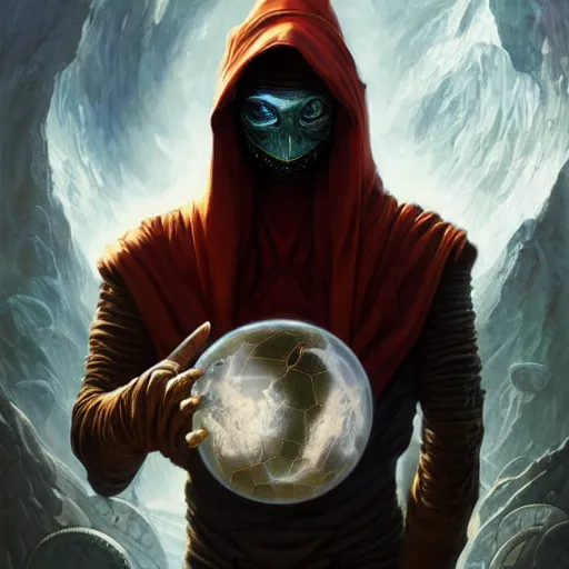 Prompt: rogue masked male wearing a cloak on an alien world and holding a holographic planet projection in his hand, detailed, sci - fi, digital painting, artstation, sharp focus, illustration, artgerm, tomasz alen kopera, peter mohrbacher, donato giancola, joseph christian leyendecker, wlop, frank frazetta