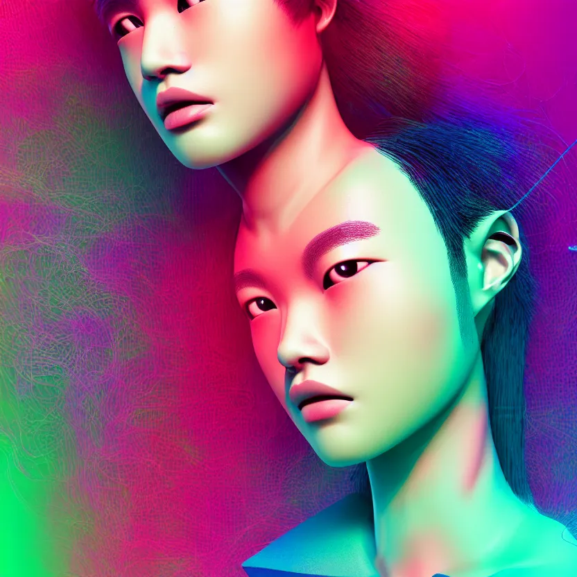 Prompt: full portrait of a post modern biotech fashion model with an exuberant hair, colorful, beautiful asian face, octane render, vray, detailed, halftoned, editorial illustration, matte print, grainy light, ( ( dither ) ), risograph, high contrast, screen print, grainy texture