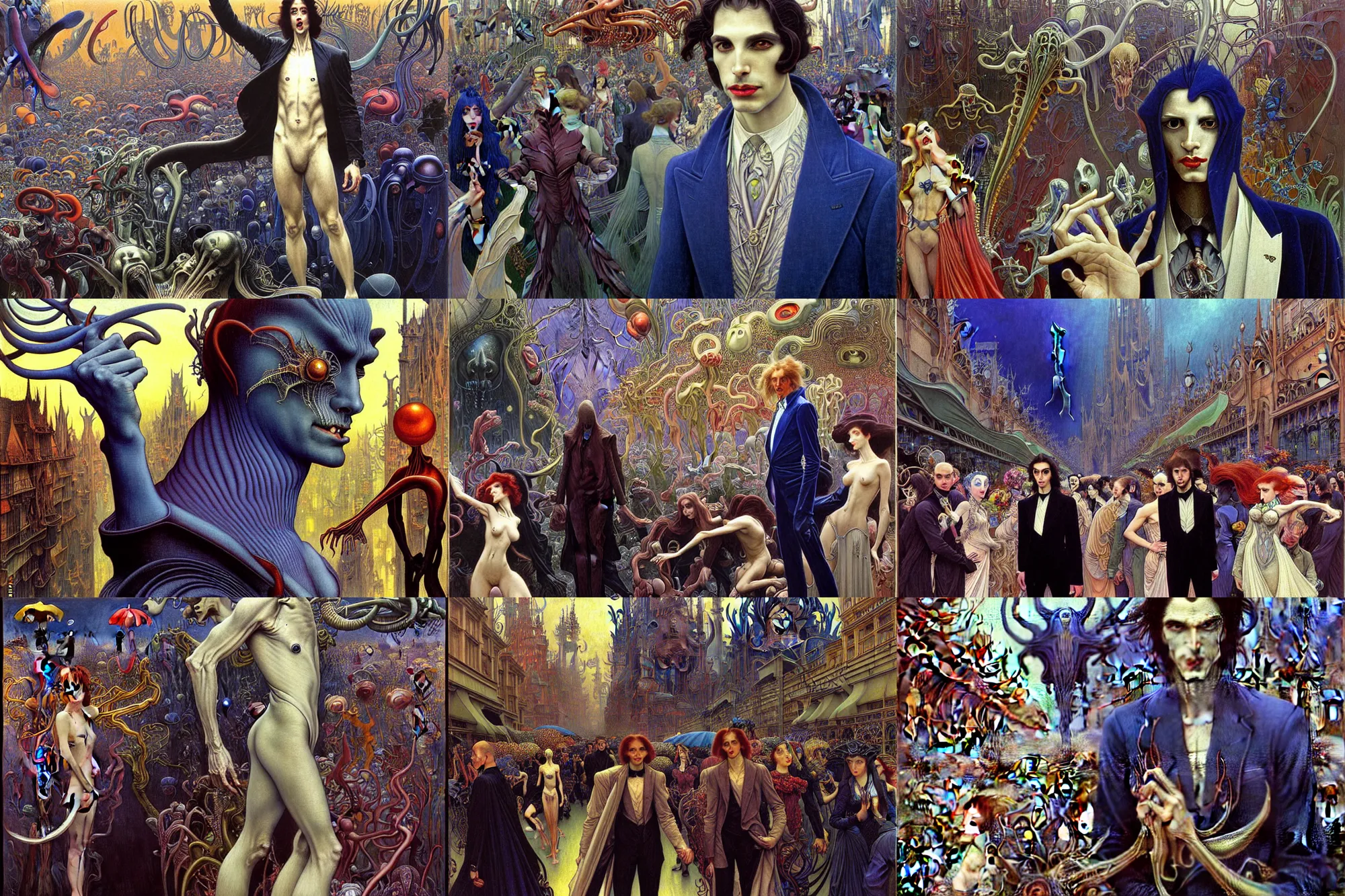 Prompt: realistic extremely detailed portrait painting of an elegant male vampire in a crowded futuristic street, detailed alien crowd by Jean Delville, Amano, Yves Tanguy, Alphonse Mucha, Mark Brooks, Ernst Haeckel, Edward Robert Hughes, Roger Dean, rich moody colours, blue eyes