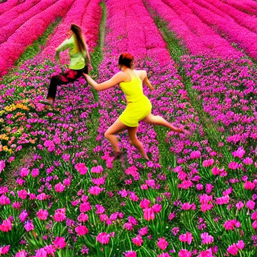 Prompt: humans running in a flower field with their hands in the air, funny facial expressions, eyes rolled back, 'the drugs are finally kicking in'